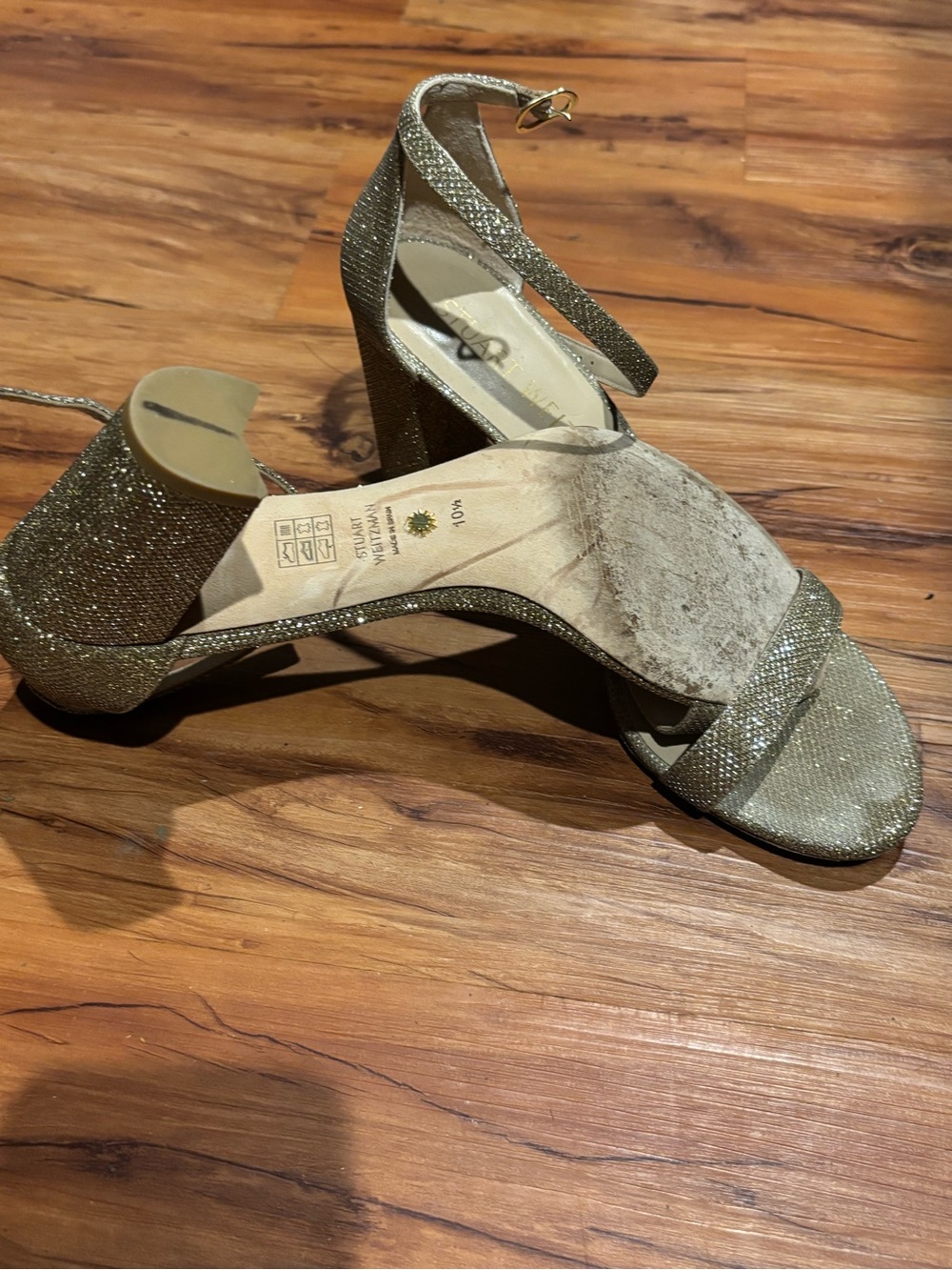 Stuart Weitzman Gold Glitter Block Heel Sandals